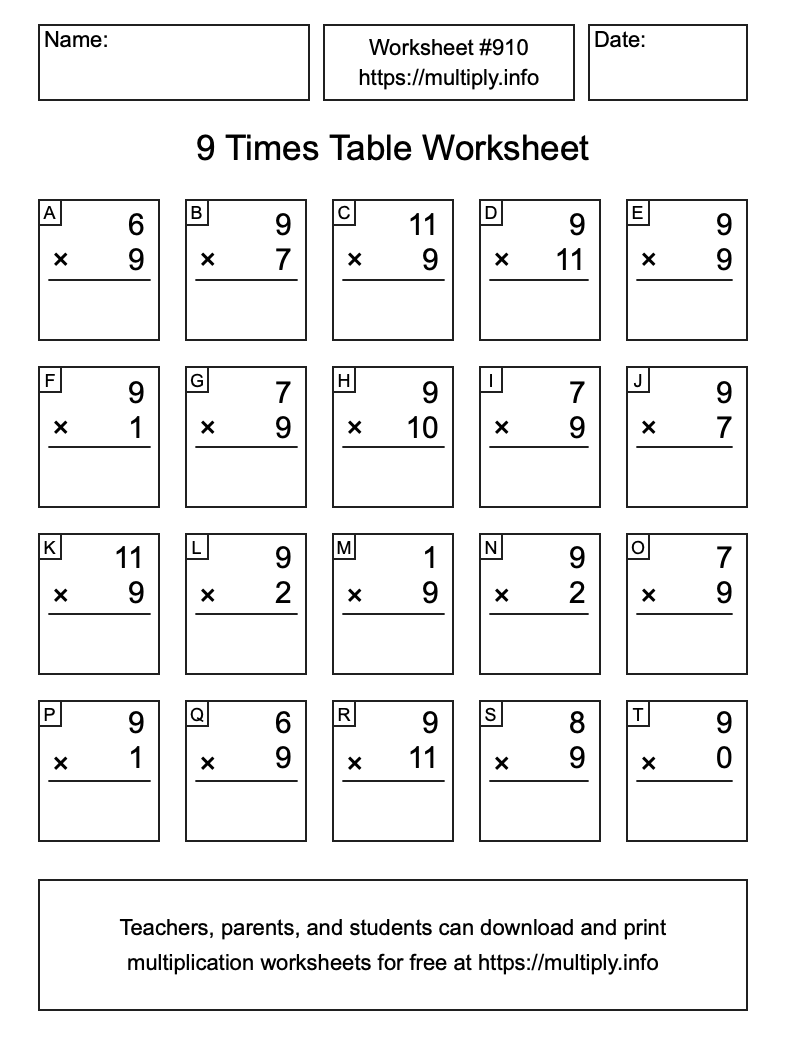 9 Times Table Worksheet #910