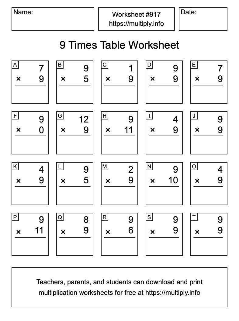 9 Times Table Worksheet #917