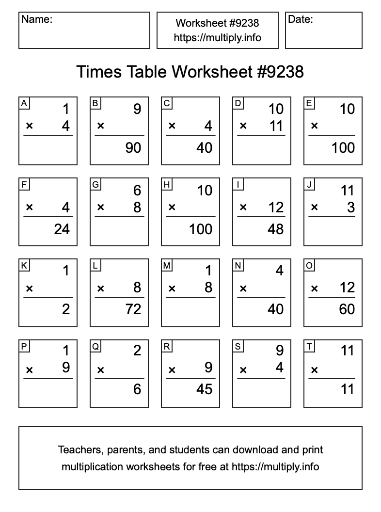 Times Table Worksheet #9238