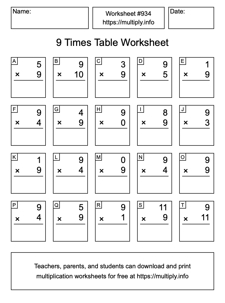 9 Times Table Worksheet #934