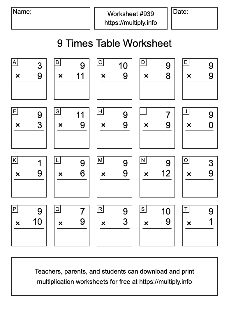9 Times Table Worksheet #939