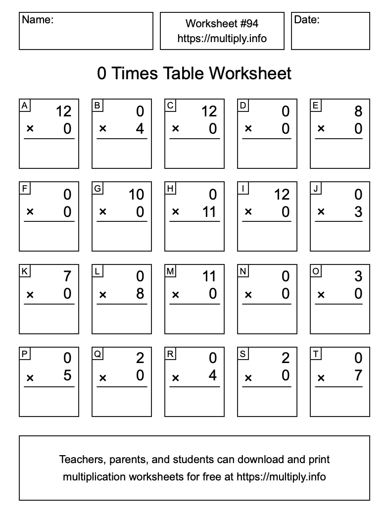 0 Times Table Worksheet #94
