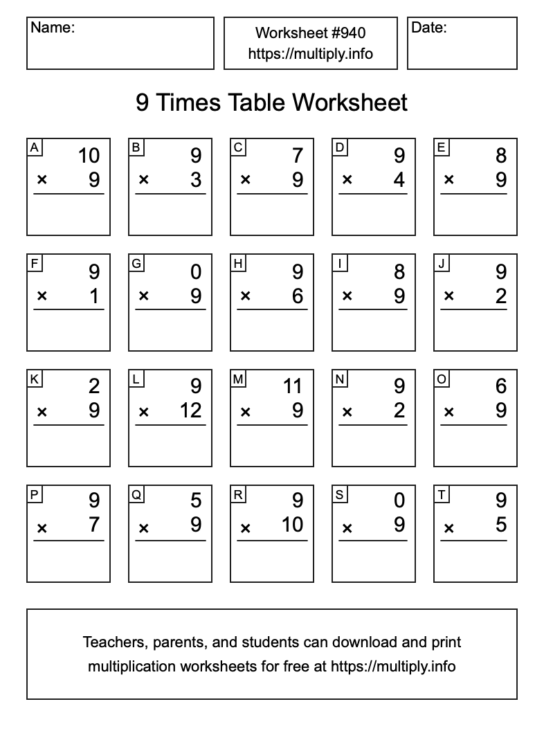 9 Times Table Worksheet #940