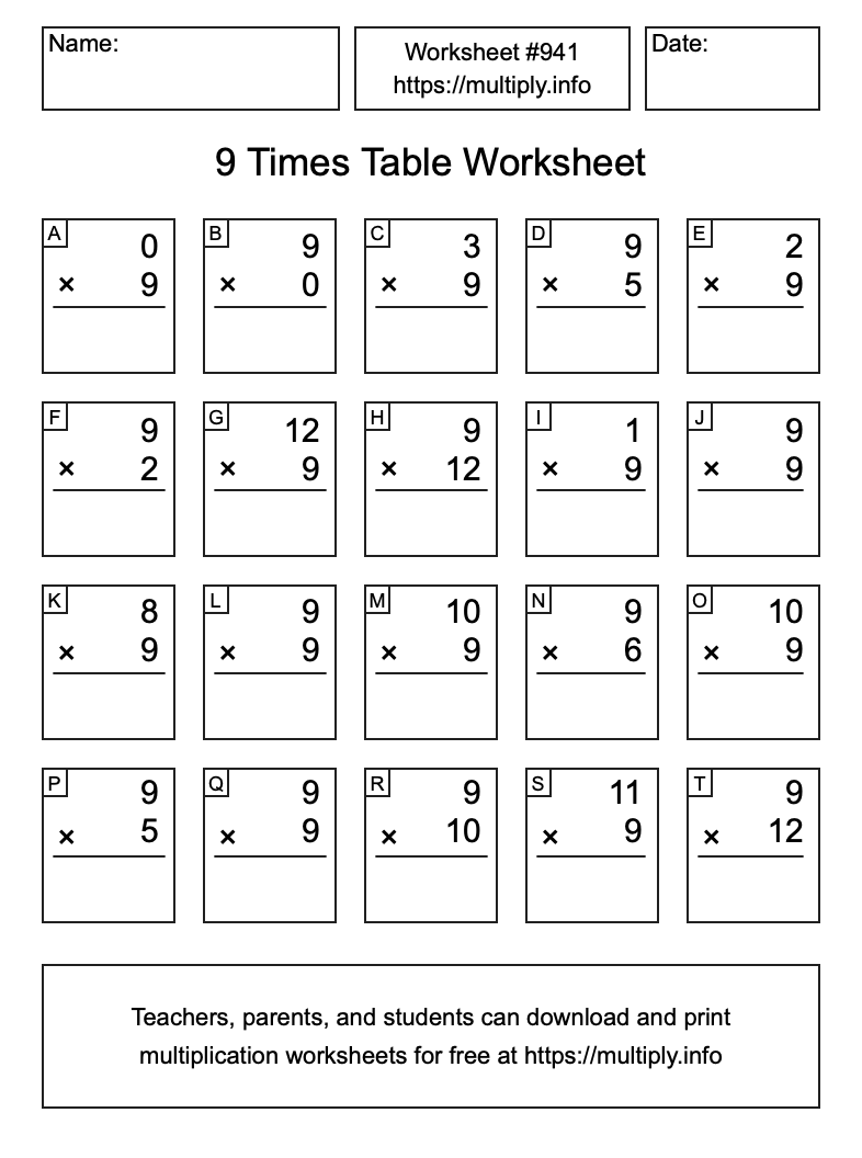 9 Times Table Worksheet #941