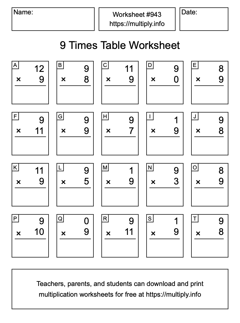 9 Times Table Worksheet #943