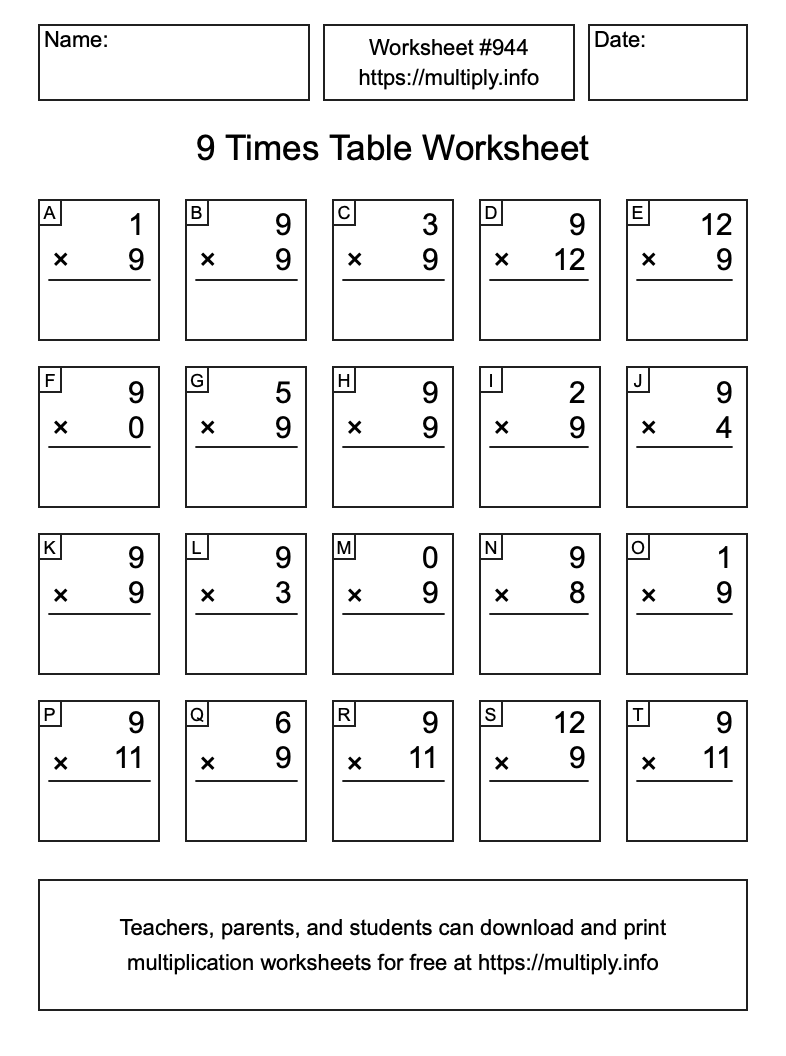 9 Times Table Worksheet #944