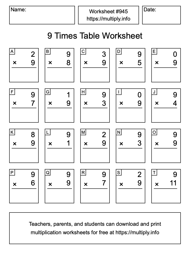 9 Times Table Worksheet #945