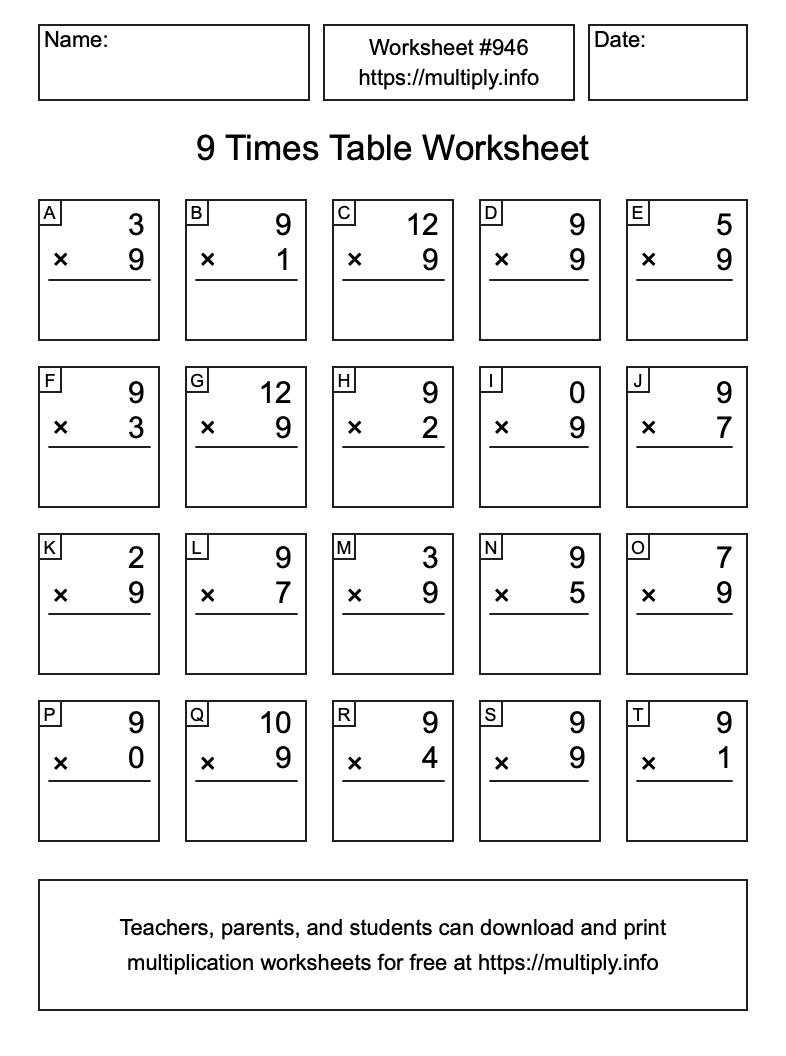 9 Times Table Worksheet #946