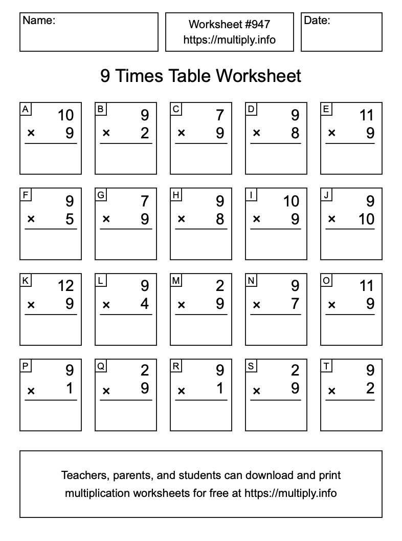 9 Times Table Worksheet #947