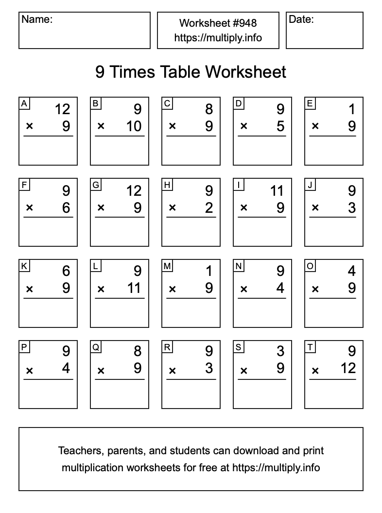 9 Times Table Worksheet #948