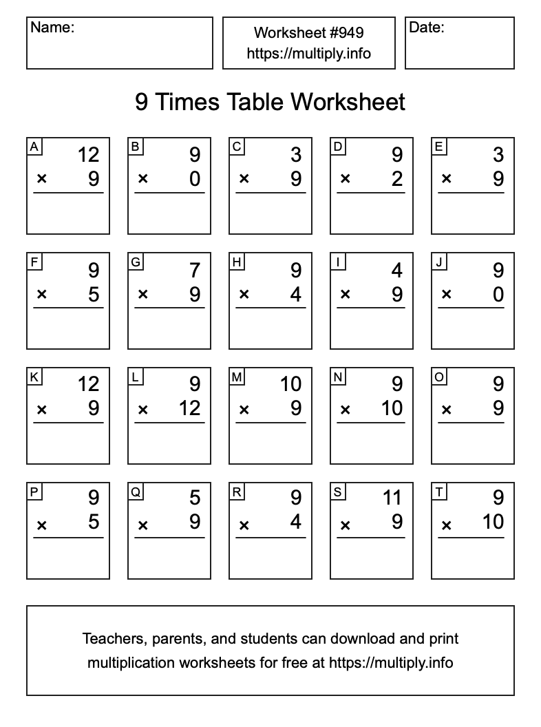 9 Times Table Worksheet #949