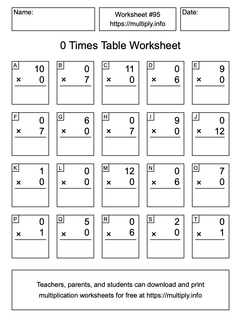 0 Times Table Worksheet #95