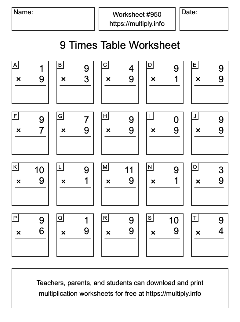 9 Times Table Worksheet #950