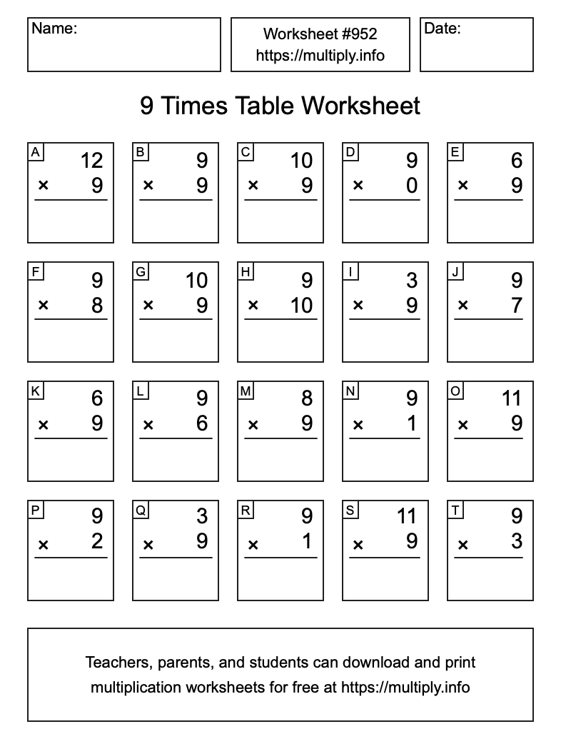 9 Times Table Worksheet #952