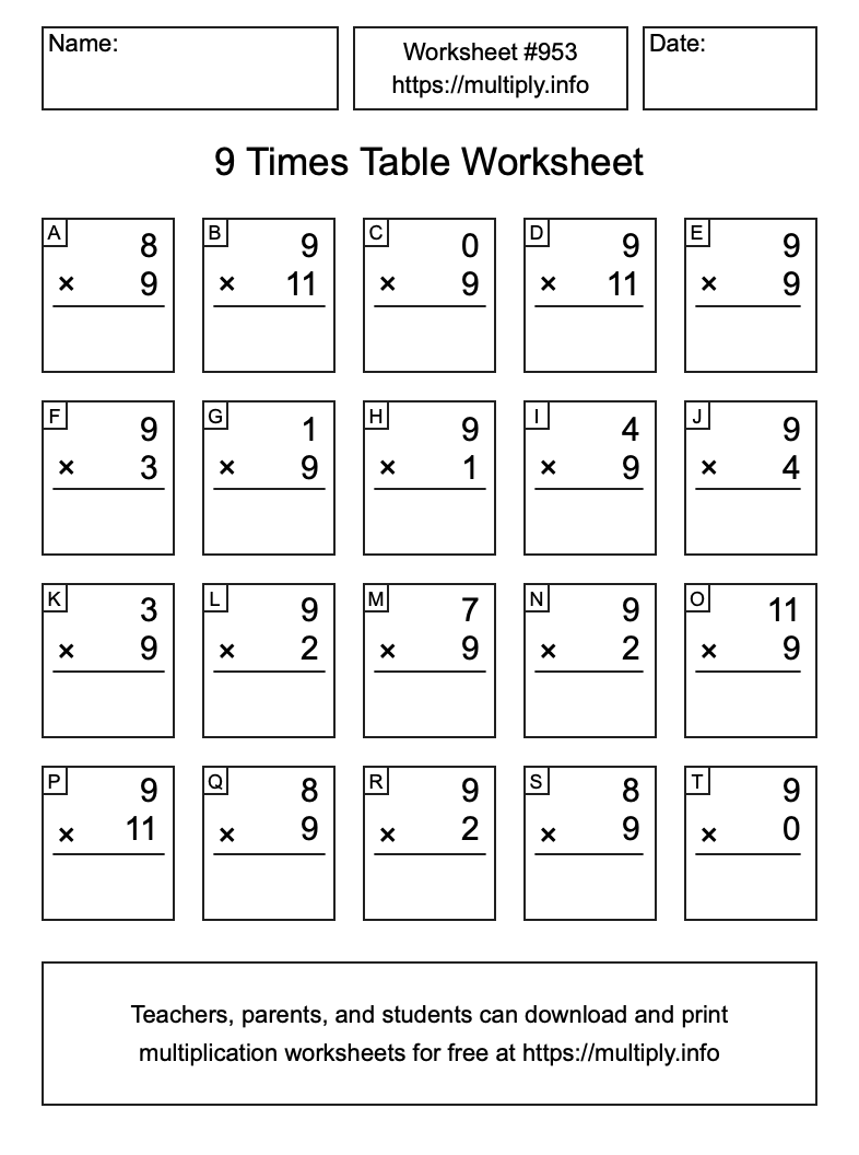9 Times Table Worksheet #953