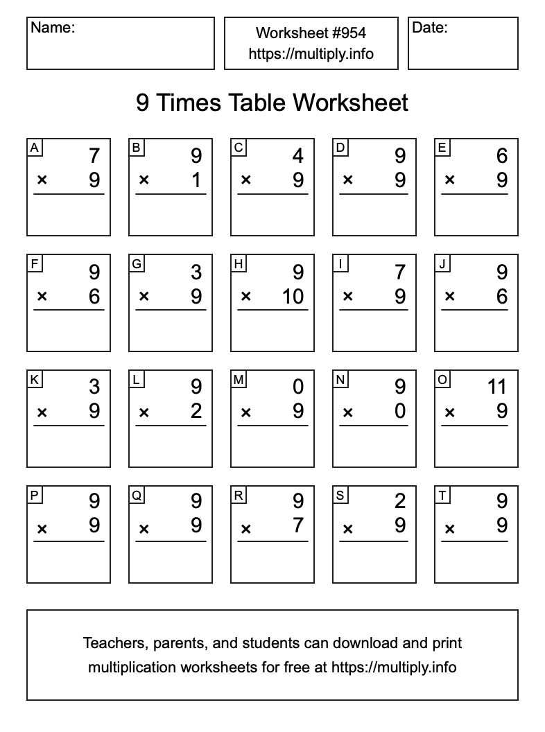 9 Times Table Worksheet #954