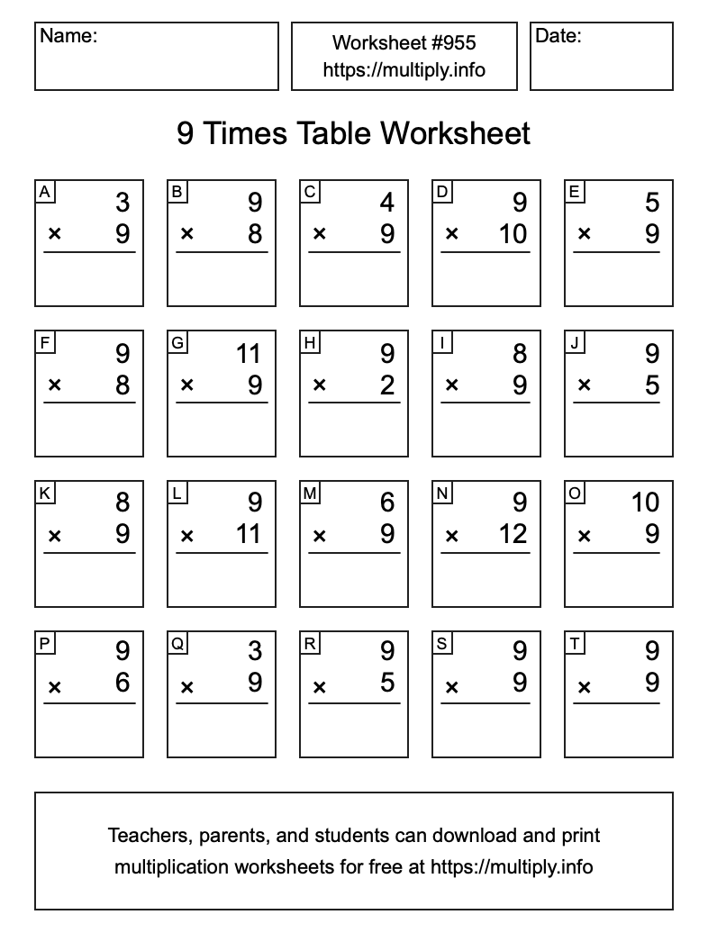 9 Times Table Worksheet #955