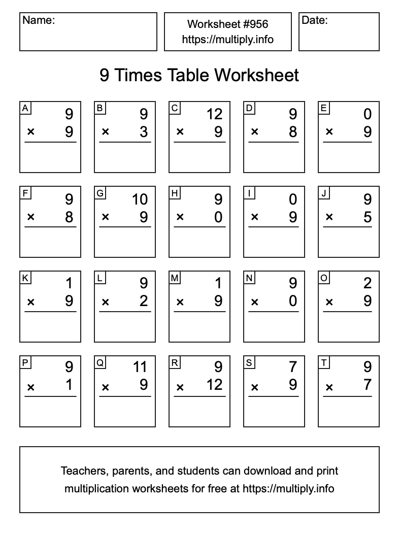 9 Times Table Worksheet #956