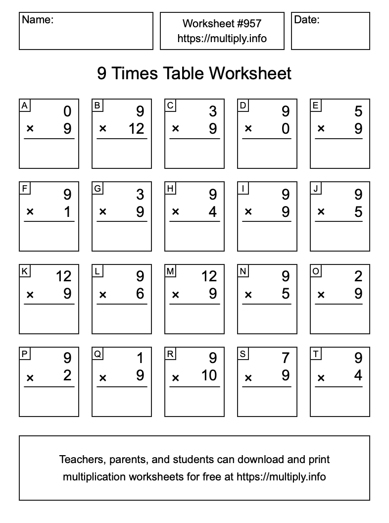 9 Times Table Worksheet #957