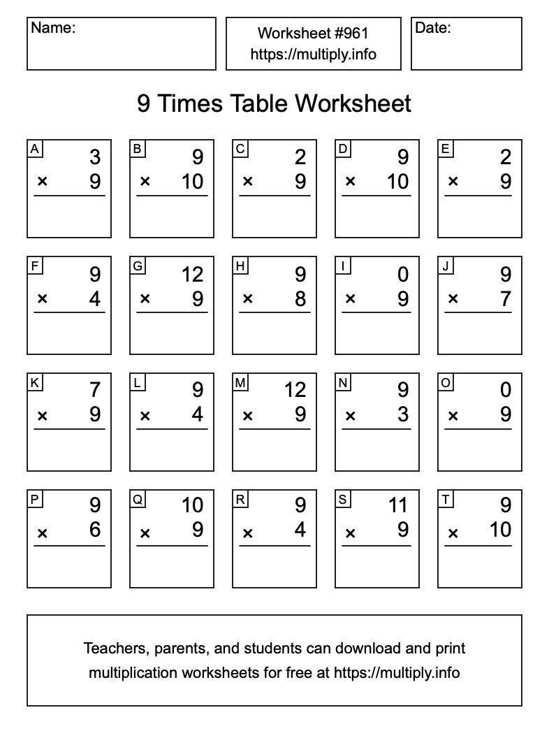 9 Times Table Worksheet #961
