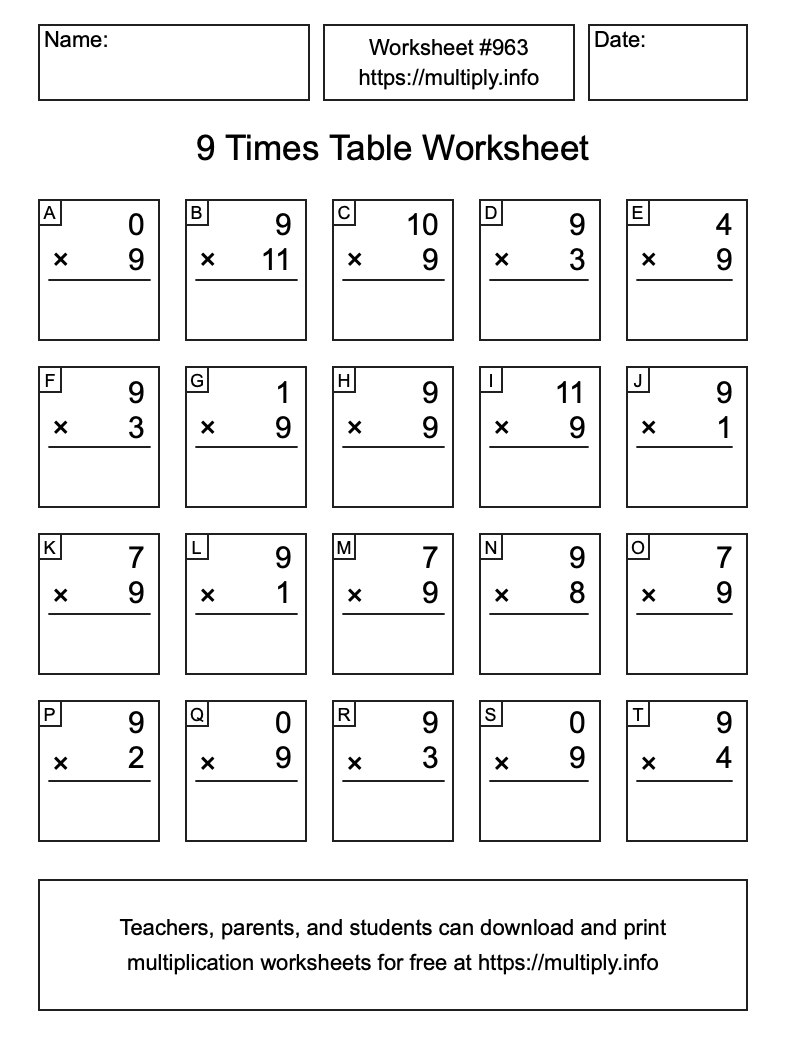 9 Times Table Worksheet #963