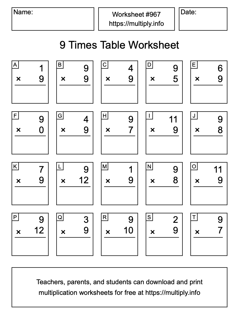 9 Times Table Worksheet #967