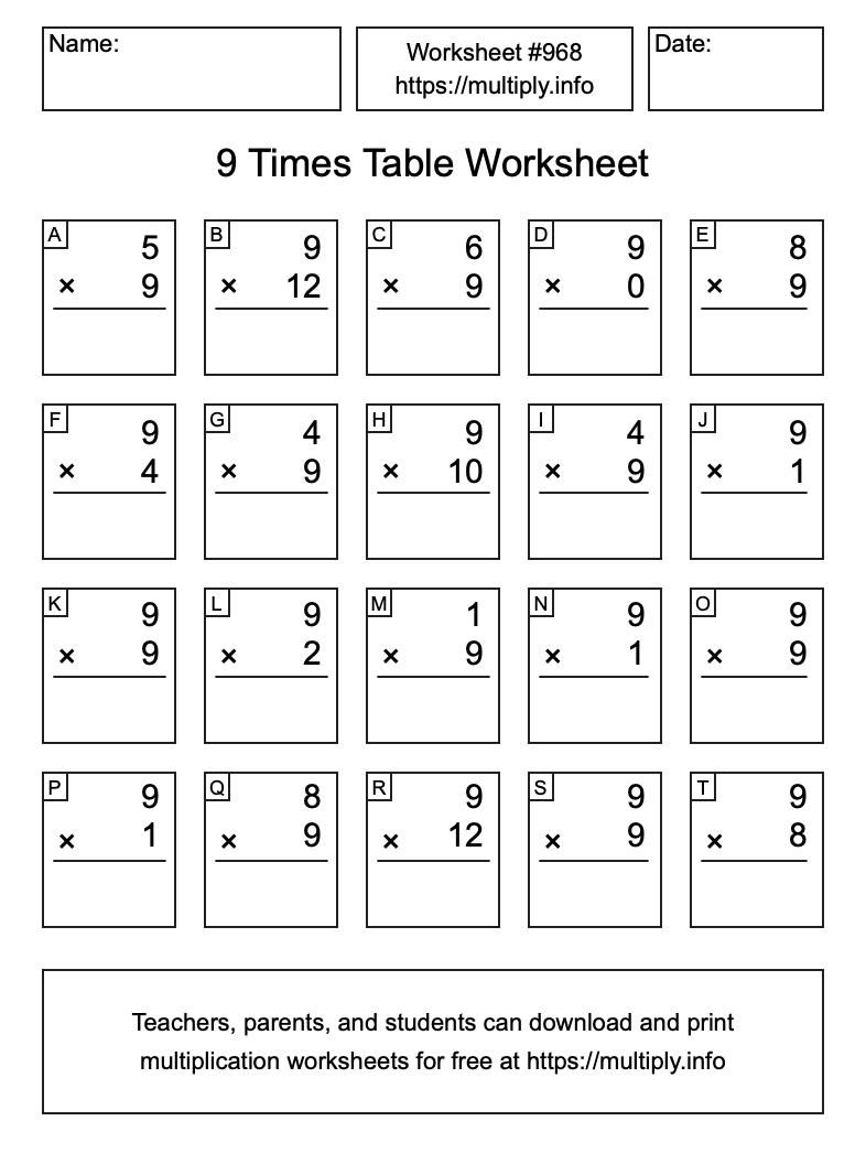 9 Times Table Worksheet #968