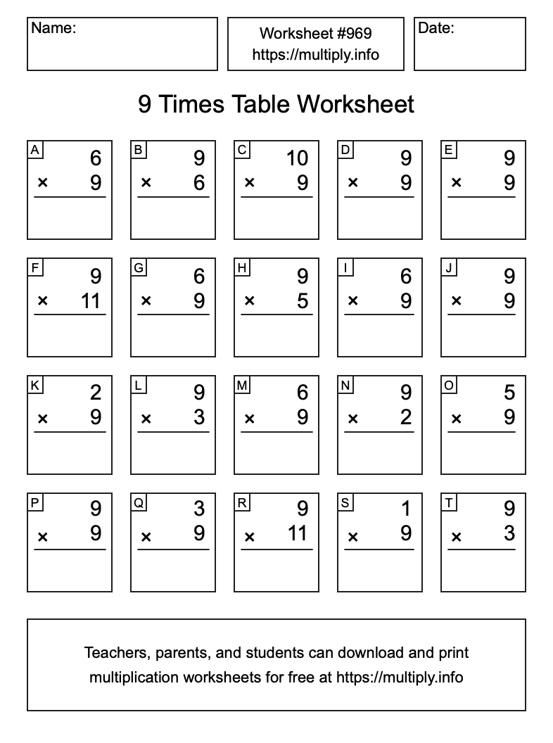 9 Times Table Worksheet #969