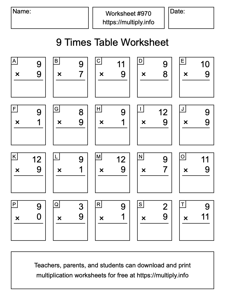 9 Times Table Worksheet #970