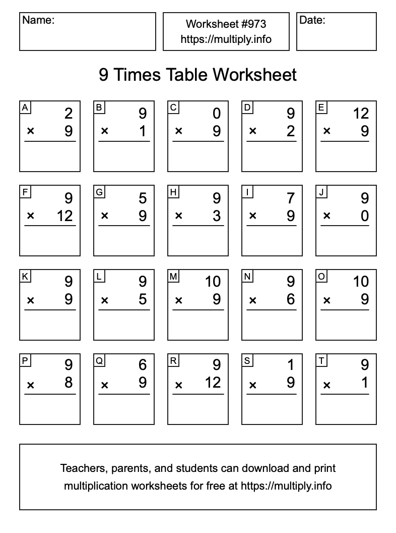 9 Times Table Worksheet #973