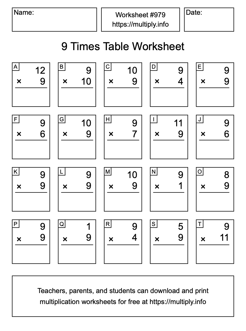 9 Times Table Worksheet #979
