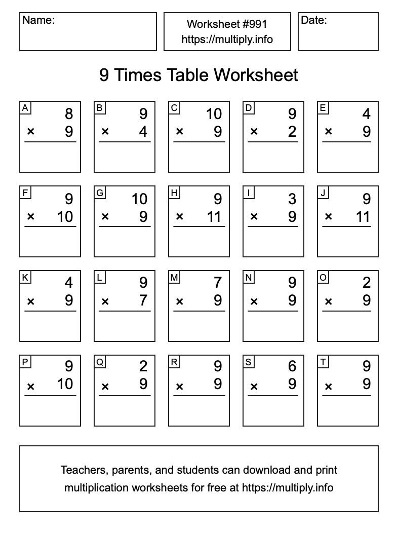 9 Times Table Worksheet #991